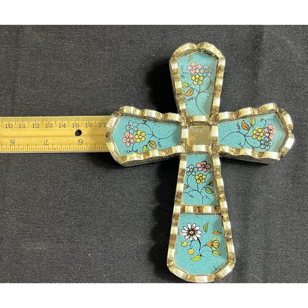 Peru Mohena Wood Cross w Mirror Reverse Painted Glass Artisan 5” X 6.5” Floral - Picture 5 of 8